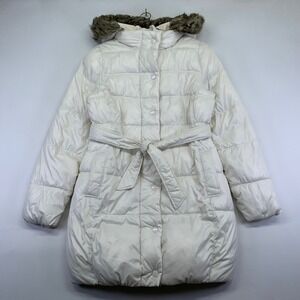 Old Navy Womens XS Puffer Coat White Quilted Belted Faux Fur Hooded Winter Y2k